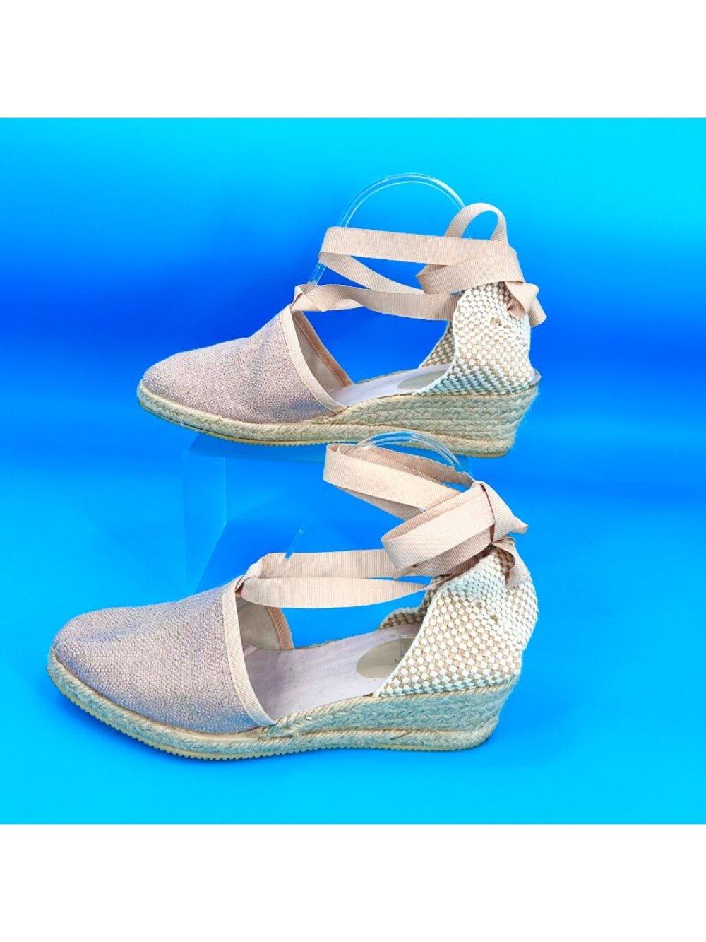 ILSE JACOBSON METALLIC THREAD BEIGE RIBBON TIE UP ANKLE STRAP ESPADRILLE WEDGE S